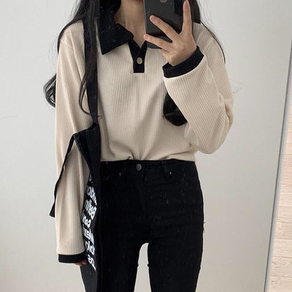 Patchwork Simple Design Turn Down Collar Sweatshirt