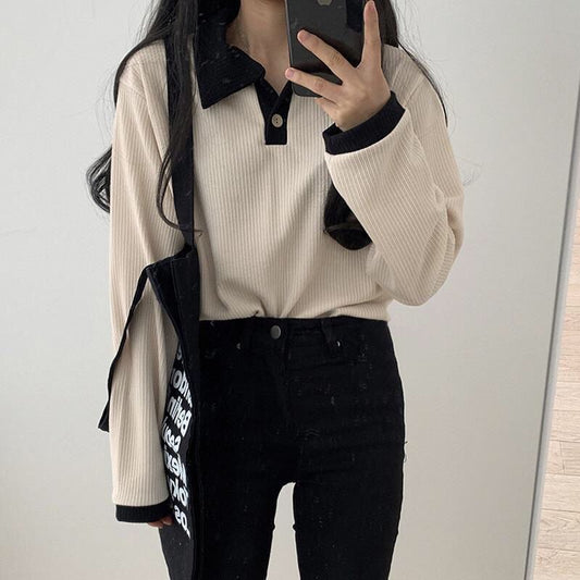 Patchwork Simple Design Turn Down Collar Sweatshirt
