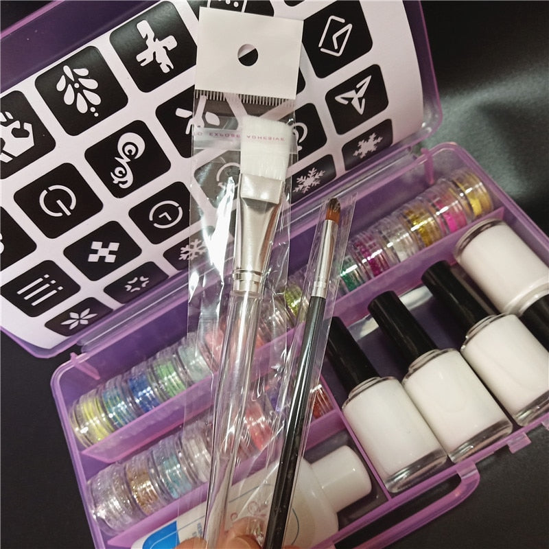 Temporary Diamond Glitter Tattoo Kit 24 Colors Powder 4 Glue For Fake Tattoo