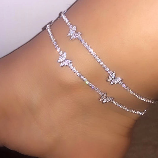 Trendy Shining Cute Butterfly Crystal Tennis Anklet for Women