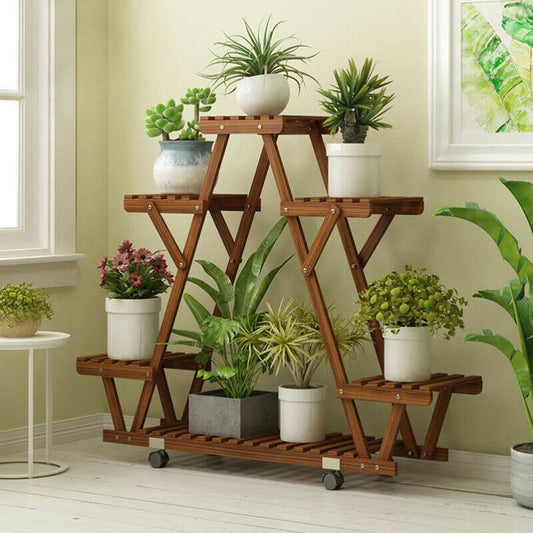 Triangular Plant Shelf 6 Potted Carbonized Wood Plant Holder Flower Pot Stand Display Storage Rack With Wheels For Garden - Plant Shelves