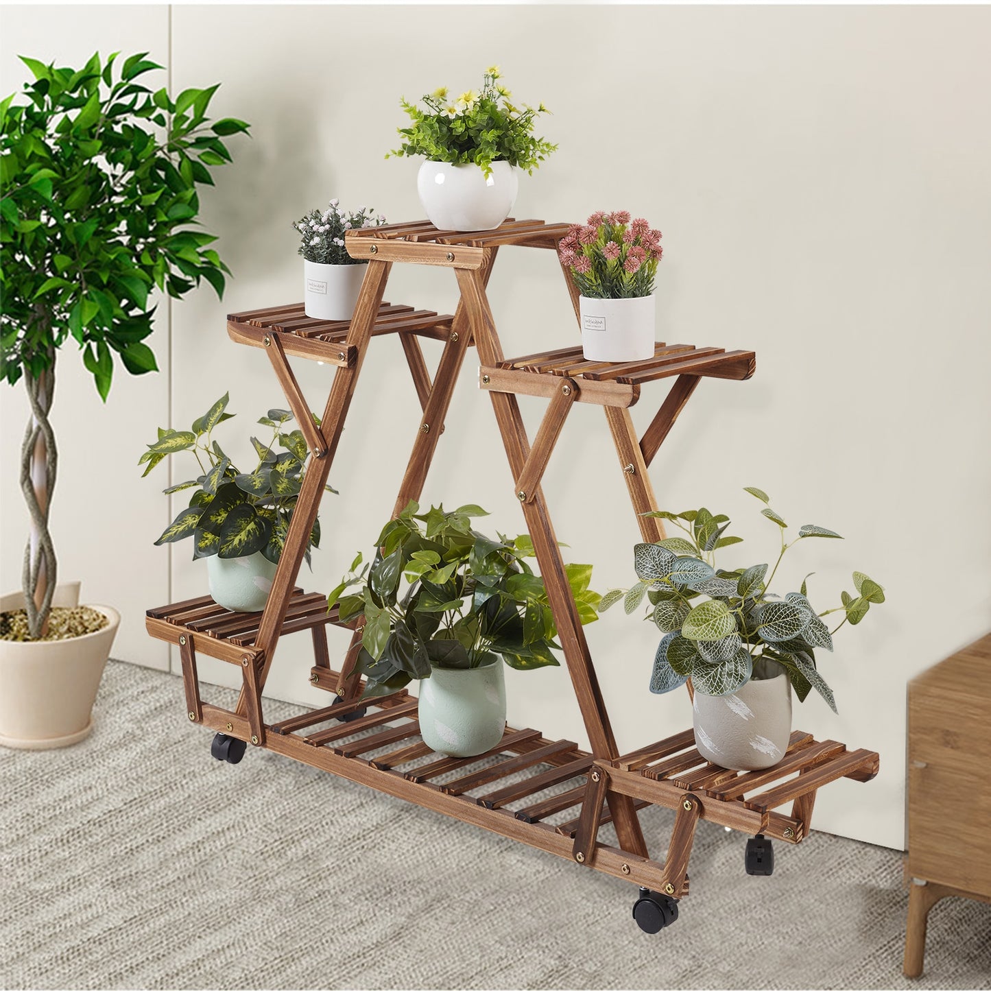 Triangular Plant Shelf 6 Potted Carbonized Wood Plant Holder Flower Pot Stand Display Storage Rack With Wheels For Garden - Plant Shelves