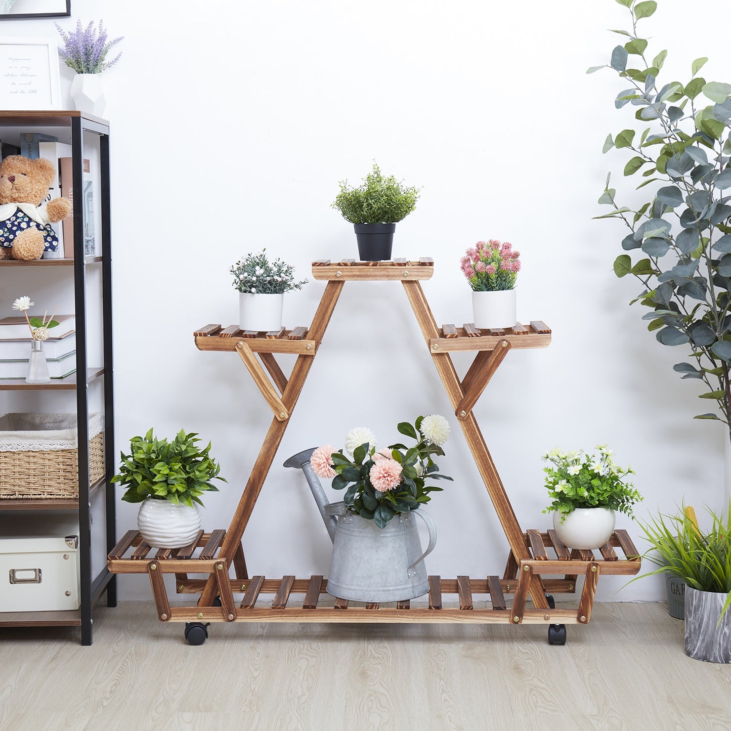 Triangular Plant Shelf 6 Potted Carbonized Wood Plant Holder Flower Pot Stand Display Storage Rack With Wheels For Garden - Plant Shelves