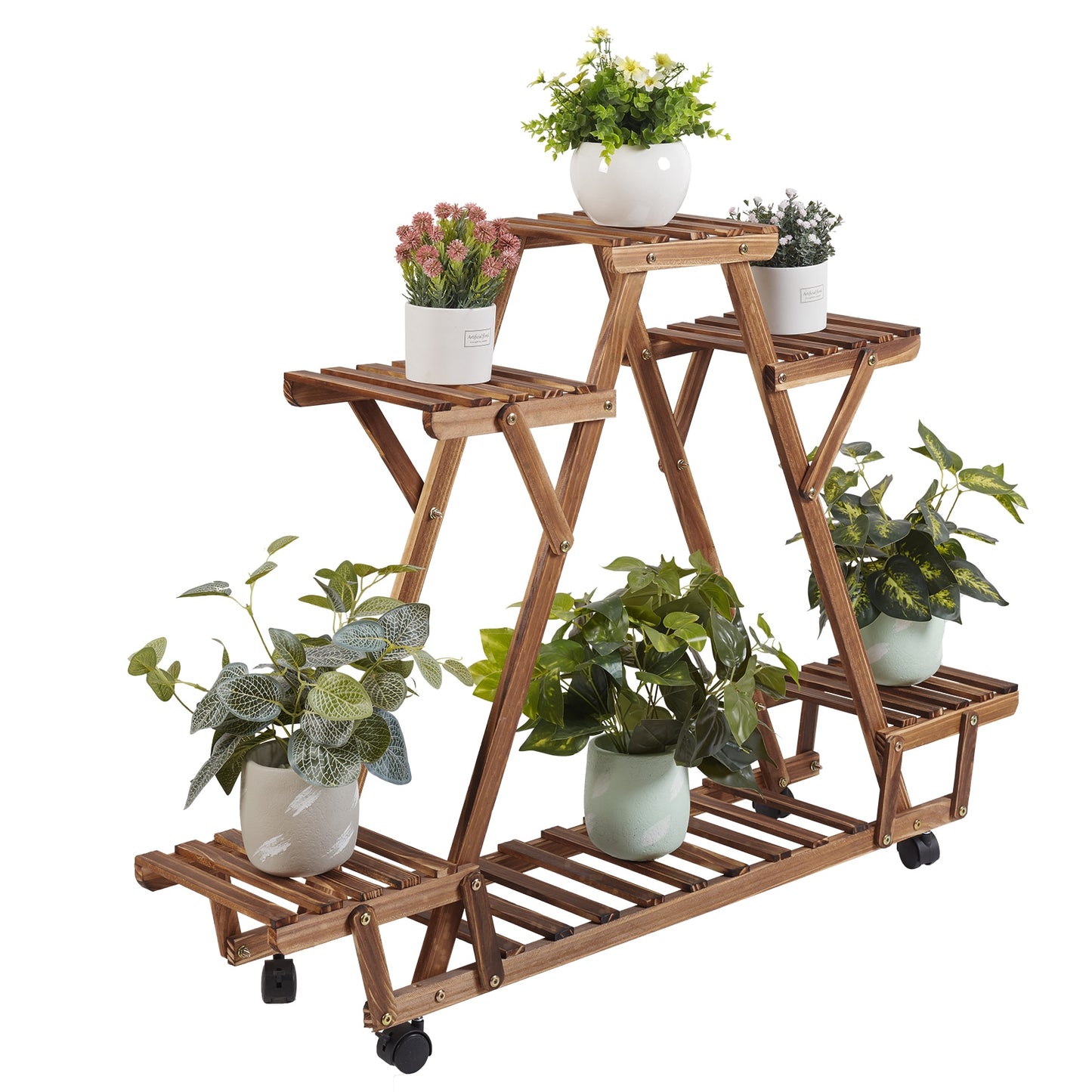 Triangular Plant Shelf 6 Potted Carbonized Wood Plant Holder Flower Pot Stand Display Storage Rack With Wheels For Garden - Plant Shelves