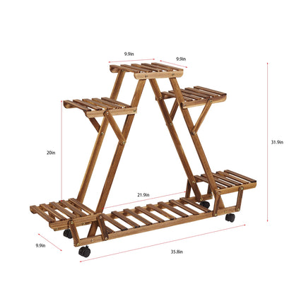 Triangular Plant Shelf 6 Potted Carbonized Wood Plant Holder Flower Pot Stand Display Storage Rack With Wheels For Garden - Plant Shelves