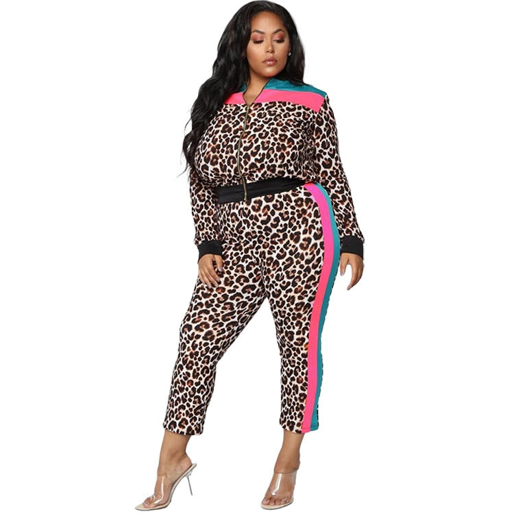 Two piece Sets Sexy Leopard Jacket + Pants Suit Casual Splicing Large Size Outfits