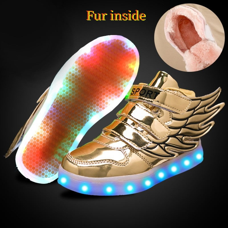 UncleJerry Children Glowing Shoes with wings for Boys and Girls LED Sneakers with fur inside