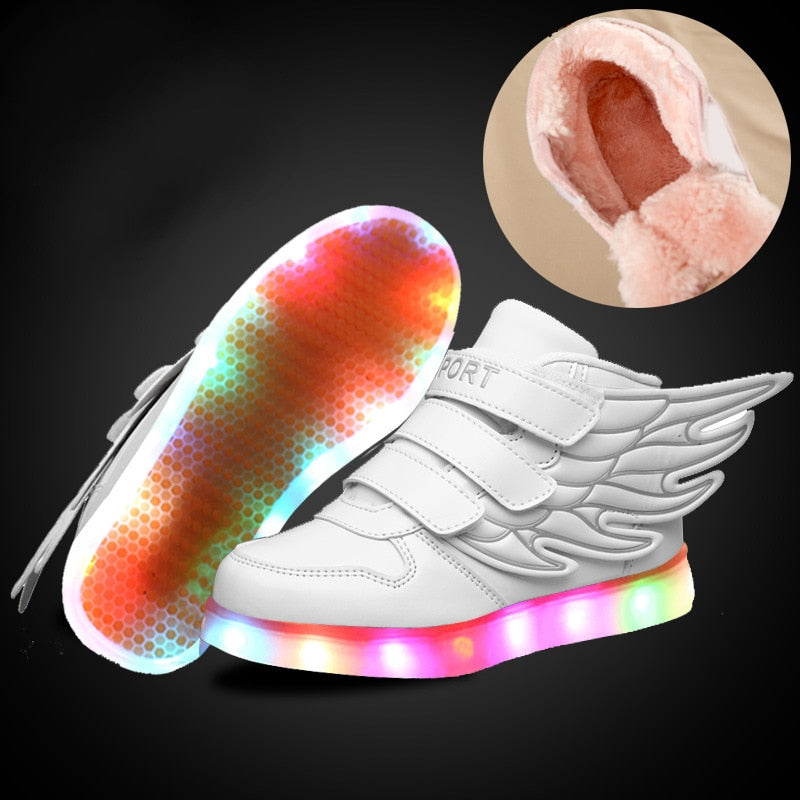 UncleJerry Children Glowing Shoes with wings for Boys and Girls LED Sneakers with fur inside