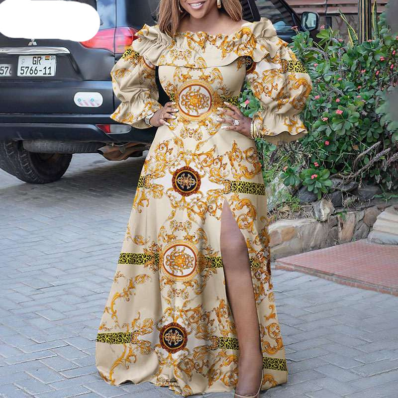 Ruffled Long Sleeve Printed Maxi Dress - Azahshopping