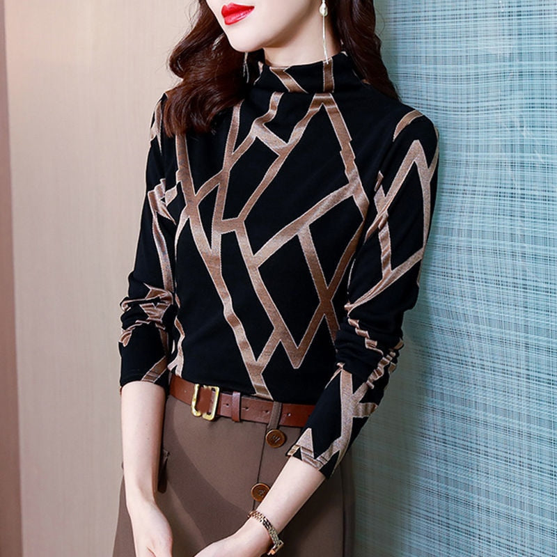 Vintage Elegant Fashion Patchwork Striped T-shirts Spring Autumn 2022 Long Sleeve Turtleneck Skinny Basic Tops Women&#39;s Clothing - T-shirts