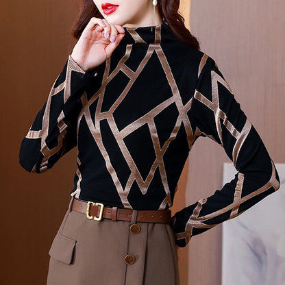 Vintage Elegant Fashion Patchwork Striped T-shirts Spring Autumn 2022 Long Sleeve Turtleneck Skinny Basic Tops Women&#39;s Clothing - T-shirts