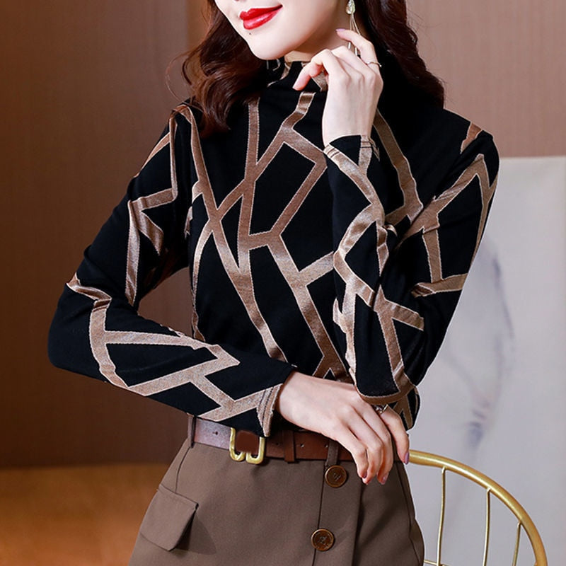 Vintage Elegant Fashion Patchwork Striped T-shirts Spring Autumn 2022 Long Sleeve Turtleneck Skinny Basic Tops Women&#39;s Clothing - T-shirts