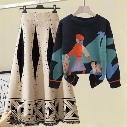 Vintage Jacquard Fringed Knit Skirt