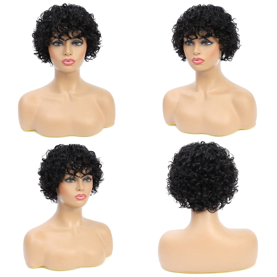 Voluminous Fluffy Pixie Cut Short Curly Human Hair Wigs With Bangs Machine Made Real Hair Wigs - Full Machine Wigs