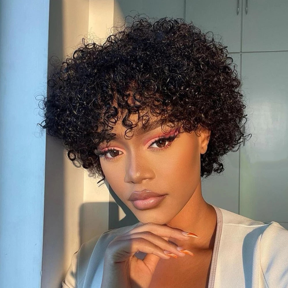 Voluminous Fluffy Pixie Cut Short Curly Human Hair Wigs With Bangs Machine Made Real Hair Wigs - Full Machine Wigs