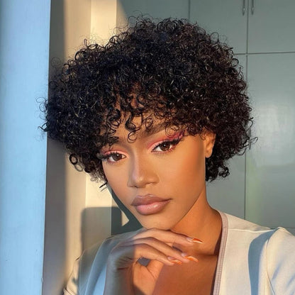 Voluminous Fluffy Pixie Cut Short Curly Human Hair Wigs With Bangs Machine Made Real Hair Wigs - Full Machine Wigs