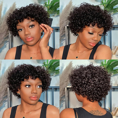 Voluminous Fluffy Pixie Cut Short Curly Human Hair Wigs With Bangs Machine Made Real Hair Wigs - Full Machine Wigs