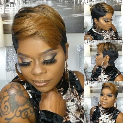 Honey Gold Mix Black Synthetic Ombre Short Pixie Cut Hair Bob Wig