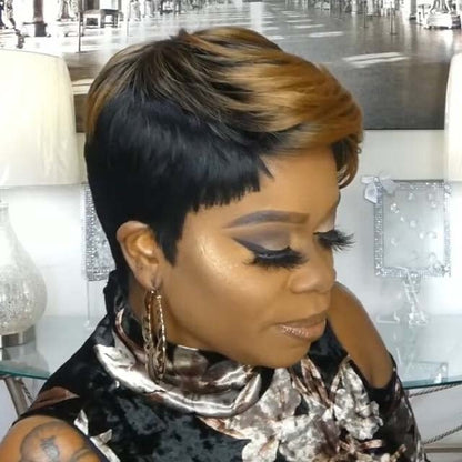 Honey Gold Mix Black Synthetic Ombre Short Pixie Cut Hair Bob Wig