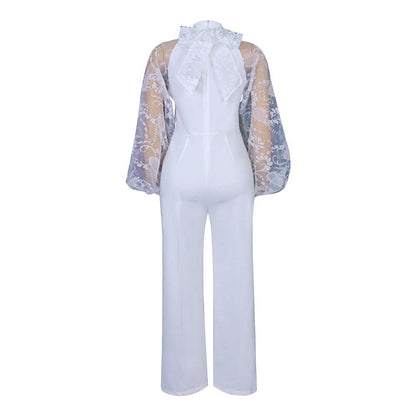 Lantern Sleeve High Waisted White Elegant Jumpsuits For Women