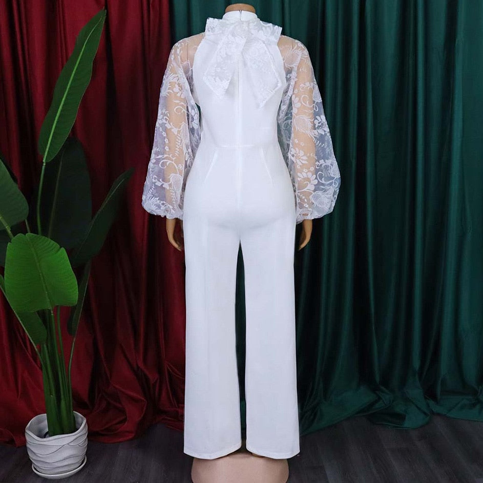 Lantern Sleeve High Waisted White Elegant Jumpsuits For Women