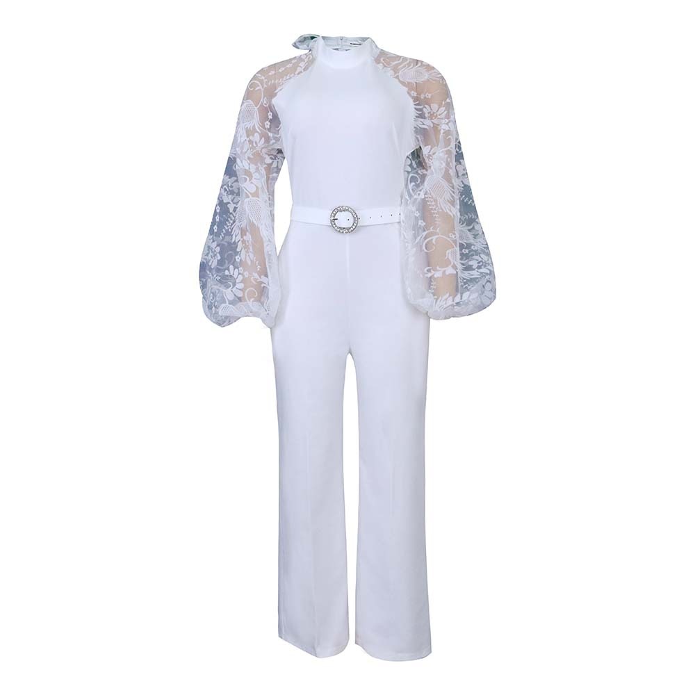 Lantern Sleeve High Waisted White Elegant Jumpsuits For Women