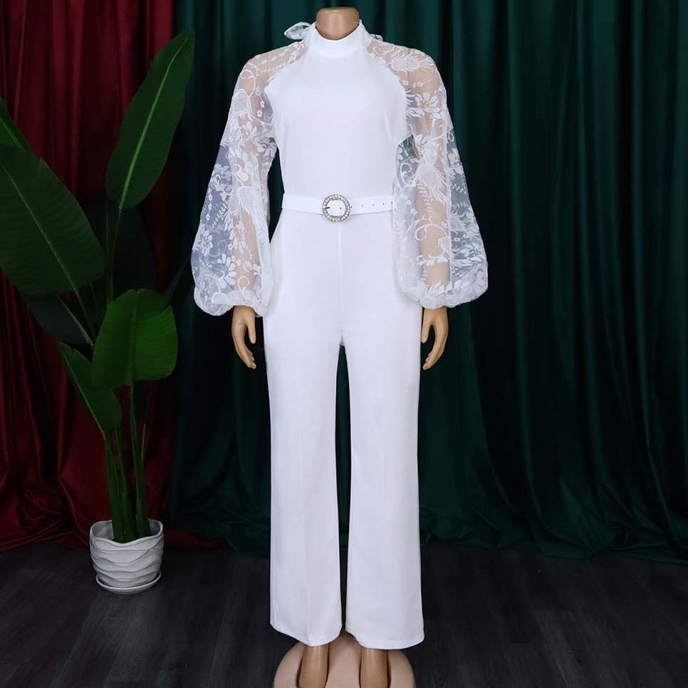 Lantern Sleeve High Waisted White Elegant Jumpsuits For Women
