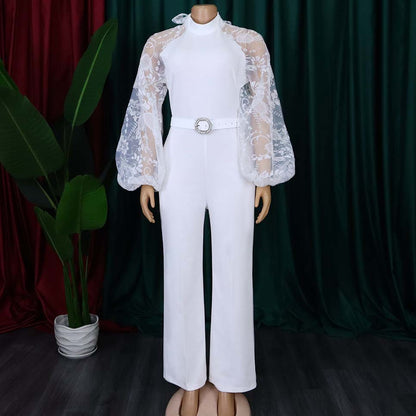 Lantern Sleeve High Waisted White Elegant Jumpsuits For Women