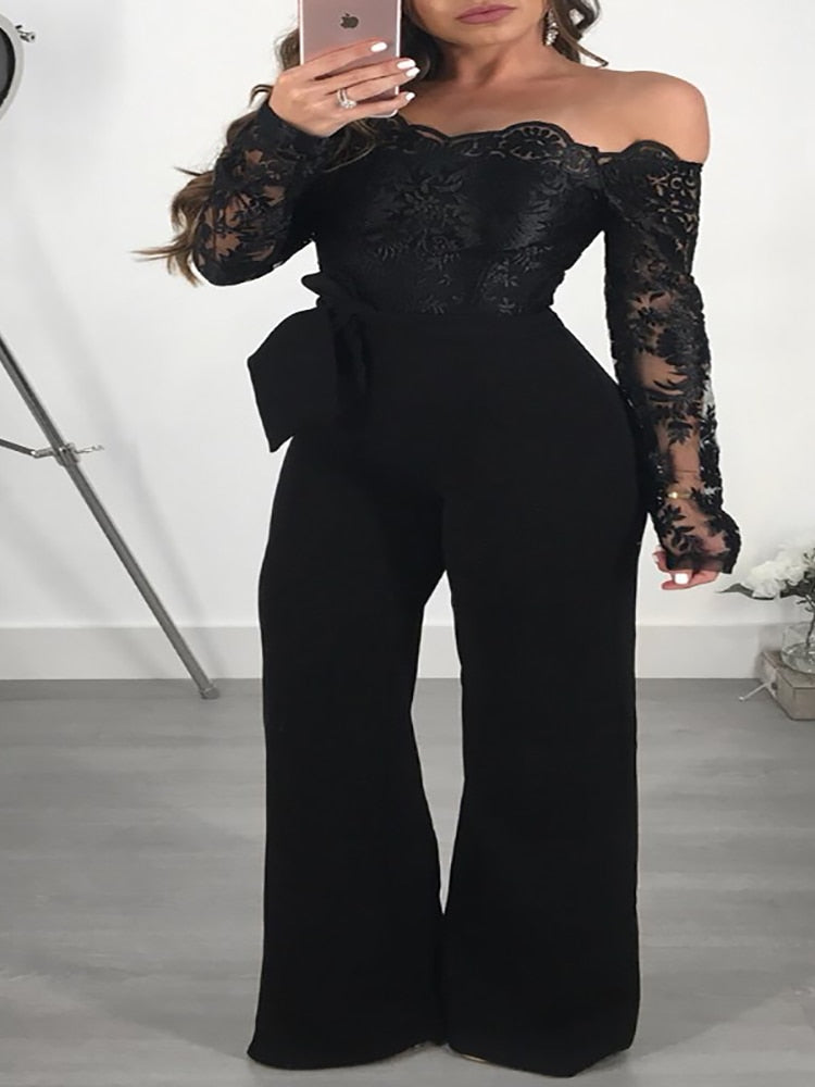 Wide Leg with V-neck Lace Elegant Jumpsuit