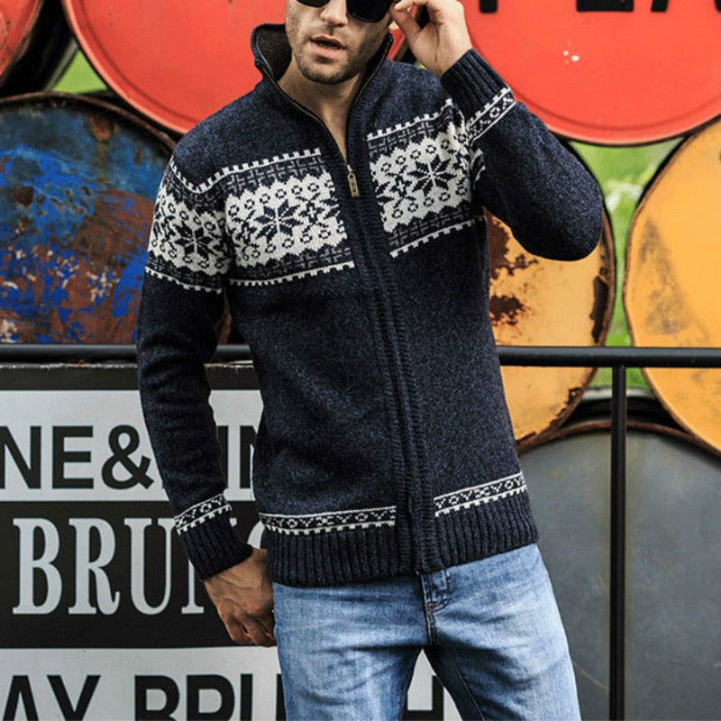 Jacquard Sweater Coat Snowflake Print Knitted Cardigan Turtleneck Full Zip