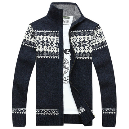 acquard Sweater Coat Slim Stand Collar Tide Wool Knitted Cardigan Full Zip