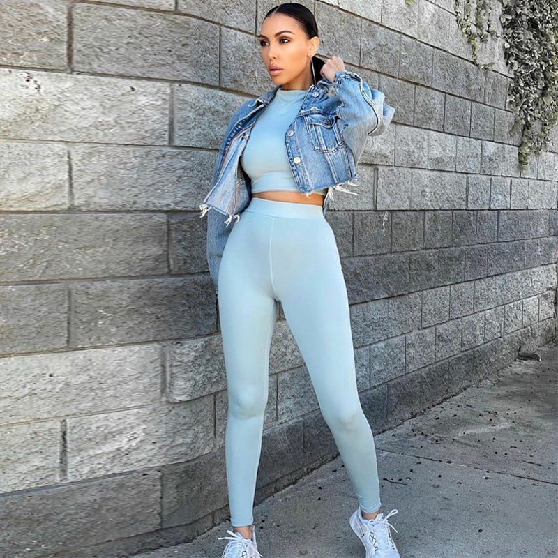 Long Sleeve Crop Tops Tshirt Leggings Pants Set Bodycon Tracksuits