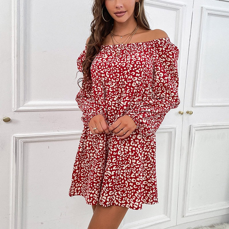 Polyester Slash Neck Long Sleeve Leopard Print Loose Mini Spring Dress