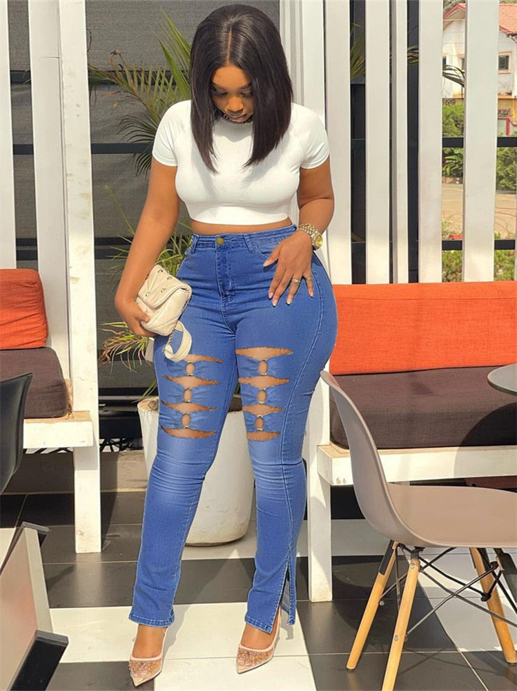 Super Stretch Jeans Women High Waist Denim Pencil Pants Fashion Ripped Bottoms Leggings - Plus Size Jeans