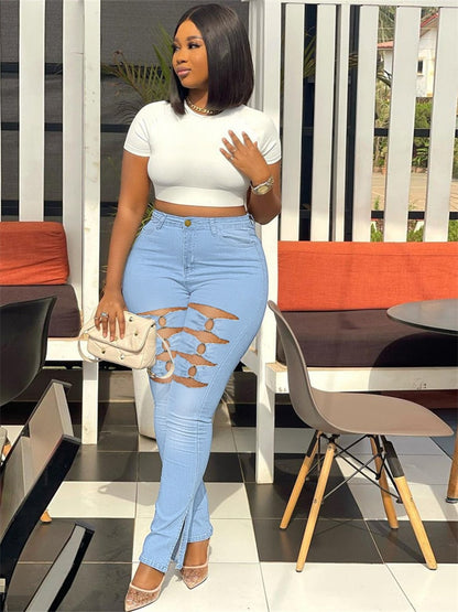 Super Stretch Jeans Women High Waist Denim Pencil Pants Fashion Ripped Bottoms Leggings - Plus Size Jeans