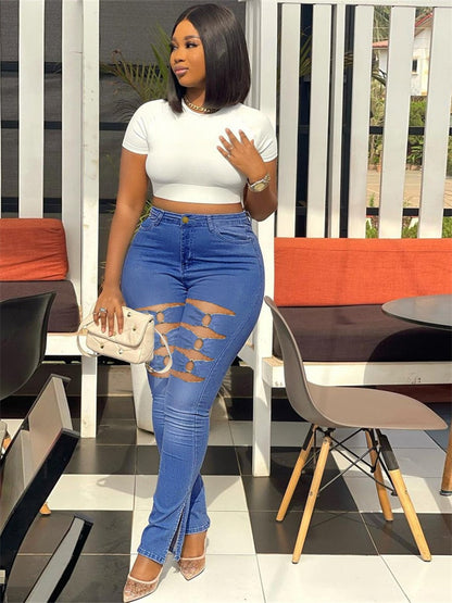 Super Stretch Jeans Women High Waist Denim Pencil Pants Fashion Ripped Bottoms Leggings - Plus Size Jeans