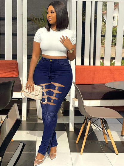 Super Stretch Jeans Women High Waist Denim Pencil Pants Fashion Ripped Bottoms Leggings - Plus Size Jeans