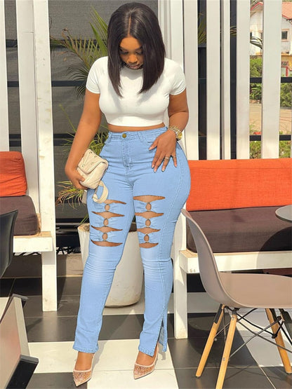 Super Stretch Jeans Women High Waist Denim Pencil Pants Fashion Ripped Bottoms Leggings - Plus Size Jeans
