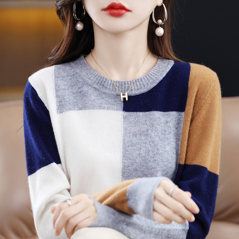 Patchwork Casual Coats Pullover Long Sleeve O-neck Jumper - Pullovers - Azahshopping