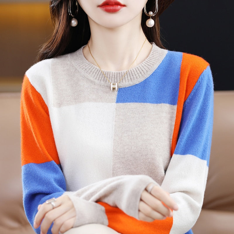 Patchwork Casual Coats Pullover Long Sleeve O-neck Jumper - Pullovers - Azahshopping