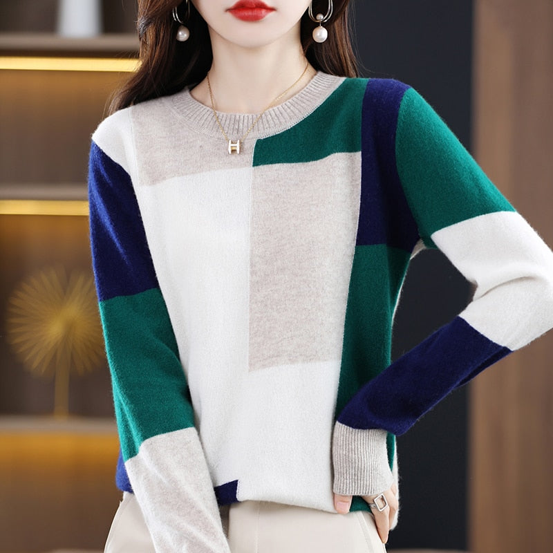 Patchwork Casual Coats Pullover Long Sleeve O-neck Jumper - Pullovers - Azahshopping