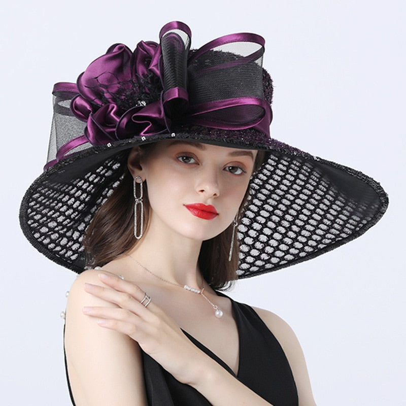 Women 16cm Wide Brim Flower Mesh Sun Hat Lady Bow Summer Beach Hat