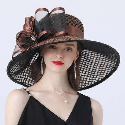 Women 16cm Wide Brim Flower Mesh Sun Hat Lady Bow Summer Beach Hat