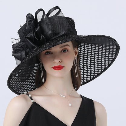 Women 16cm Wide Brim Flower Mesh Sun Hat Lady Bow Summer Beach Hat