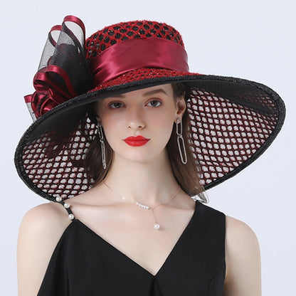 Women 16cm Wide Brim Flower Mesh Sun Hat Lady Bow Summer Beach Hat