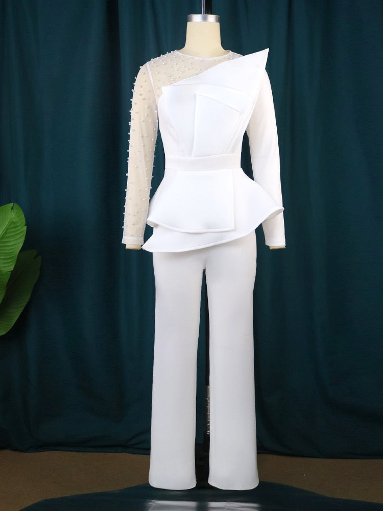 Women Elegant Jumpsuit White Beaded Long Sleeve Tunics Straight Wide Leg 1 Piece