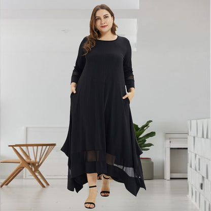 Plus Size Maxi Dress Round Neckline Perspective Long Sleeve Loose Black - Plus Size Dresses