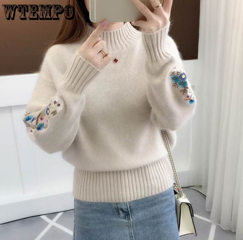 Women Knitted Sweater Floral Embroidery Thick Sweater - Azahshopping