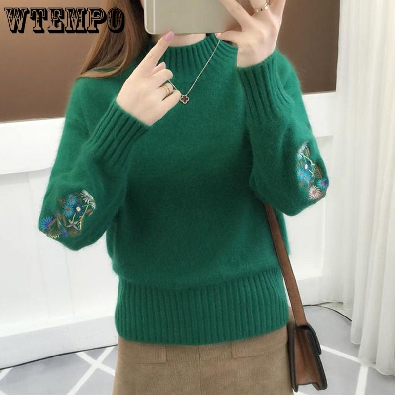 Women Knitted Sweater Floral Embroidery Thick Sweater - Azahshopping