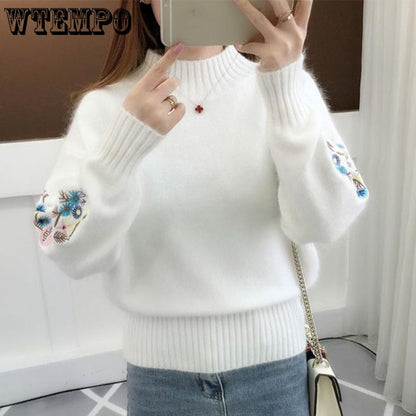 Women Knitted Sweater Floral Embroidery Thick Sweater - Azahshopping